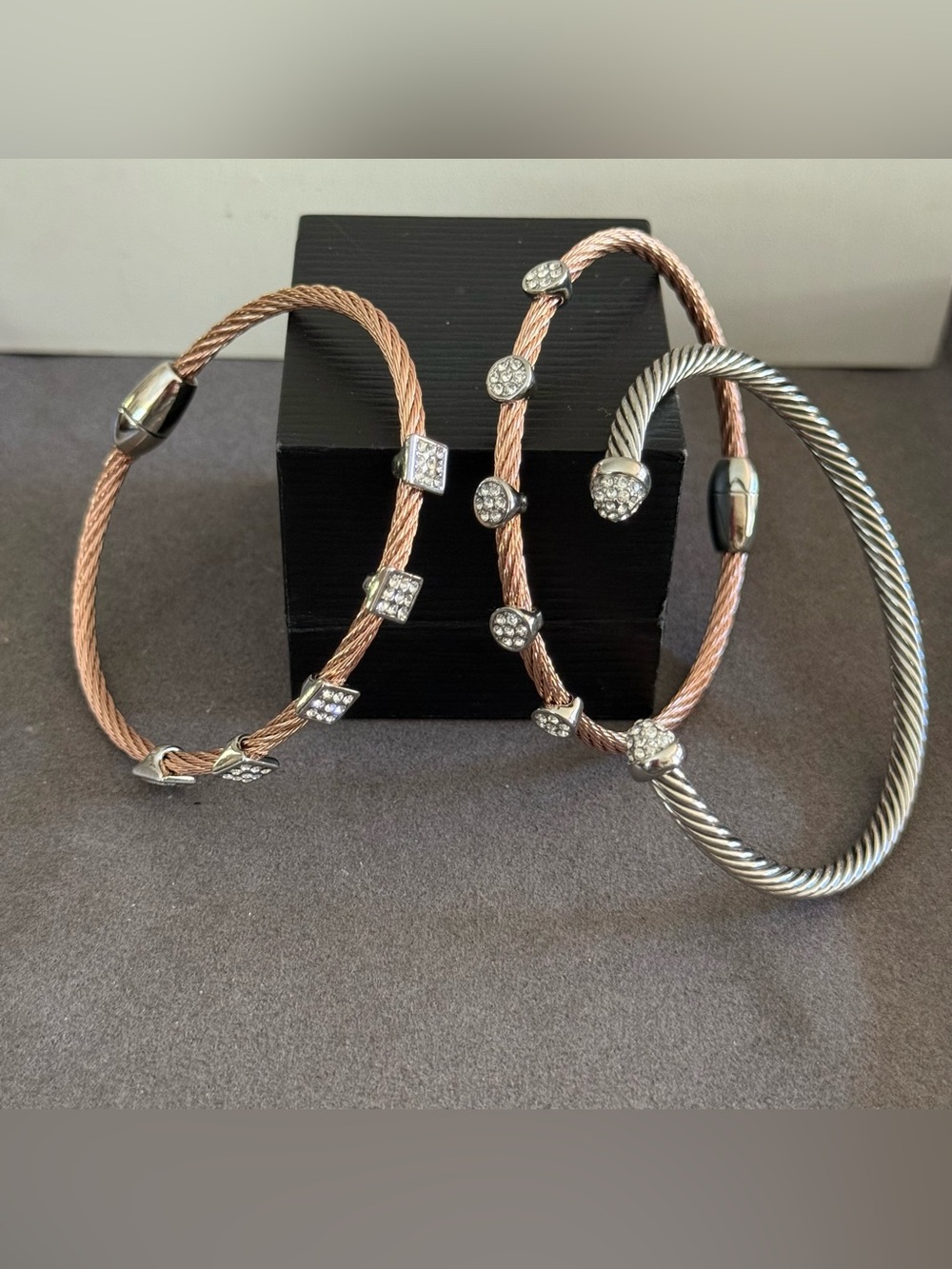 Meshmerise- 2 rose gold cable with pave accents- one sterling cuff w/pave accent